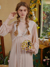 Slessic Romantic Vintage See-Through Mesh Lace Exquisite Embroidered Robe Double-Layer Slip Nightwear Nightgown Set