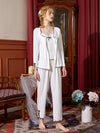 White lace trim pajama cardigan set with wide-leg pants