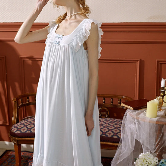 Light Blue Vintage Romantic Ruffled Edge Small Bow Elegant Mesh Nightwear Nightdress