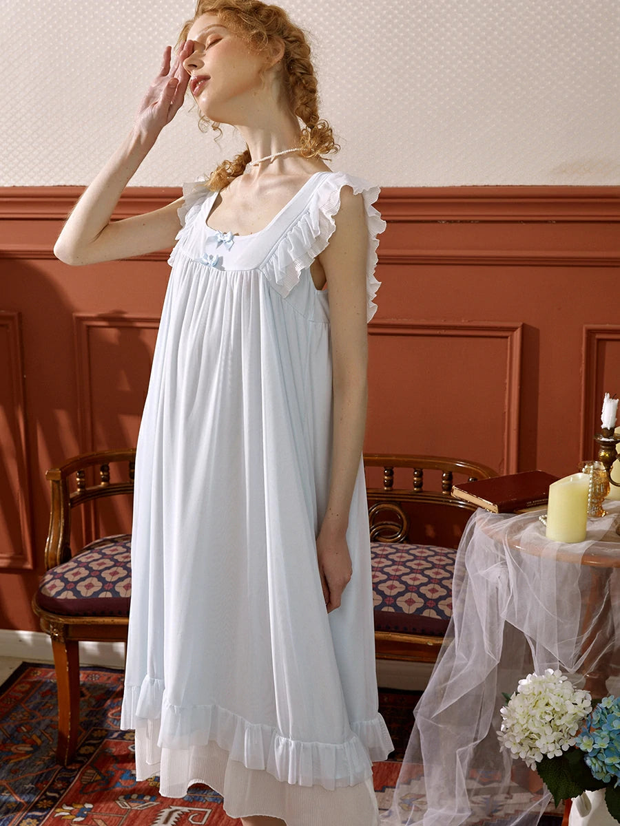 Light Blue Vintage Romantic Ruffled Edge Small Bow Elegant Mesh Nightwear Nightdress