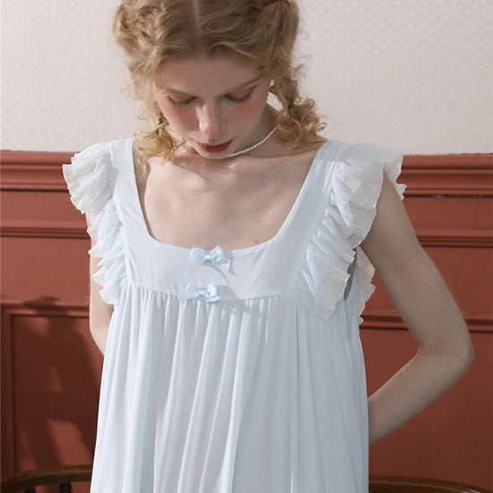 Light Blue Vintage Romantic Ruffled Edge Small Bow Elegant Mesh Nightwear Nightdress