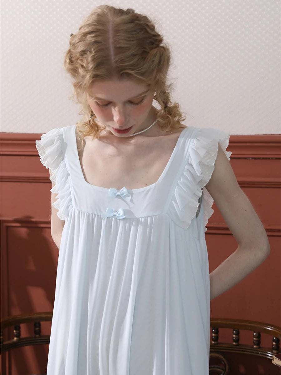 Light Blue Vintage Romantic Ruffled Edge Small Bow Elegant Mesh Nightwear Nightdress