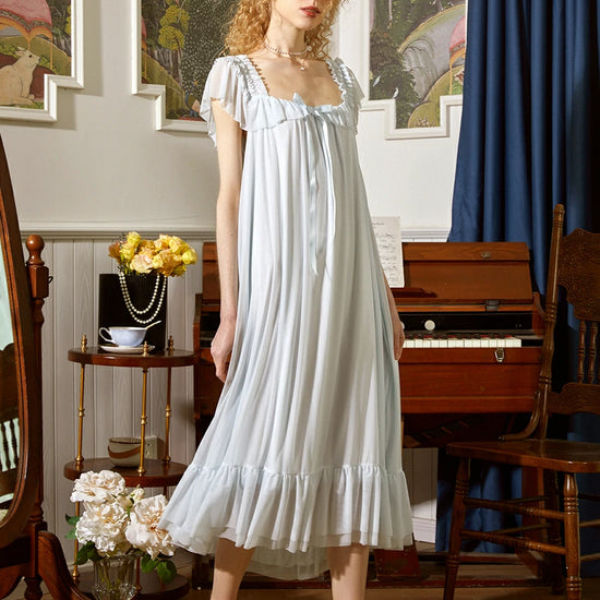 Slessic Vintage Romantic Palace Style Exquisite Mesh Ruffled Edge Cute Ribbon Bow Slip Nightdress Sleepwear Nightwear