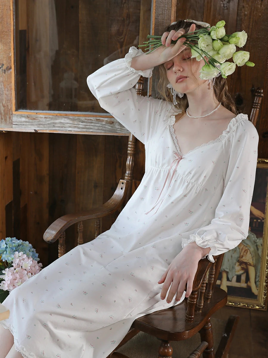 Lace Trim Floral Cotton Nightgown