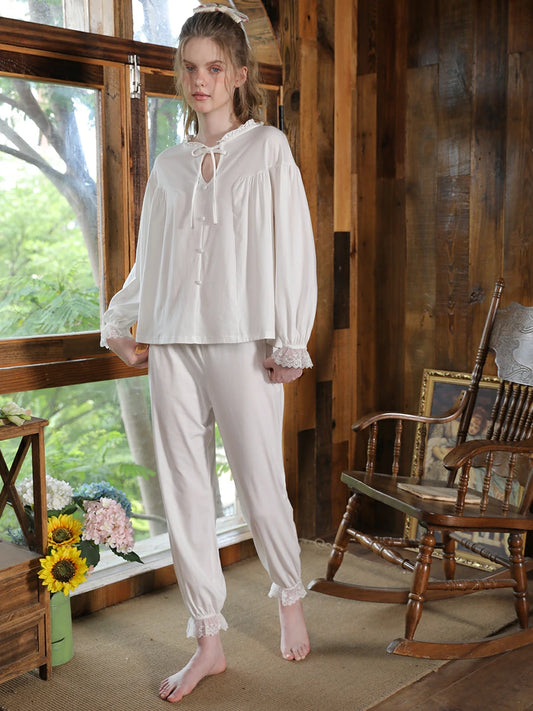 Slessic Vintage Style Romantic Cutout Lace Cotton Elegant Loungewear Nightwear pajama set