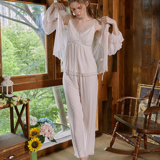 Slessic Vintage Romantic Autumn And Winter Palace Style Lace Mesh Embroidered Modal Camisole Three-Piece Sleepwear Nightwear Loungewear Pajama Set