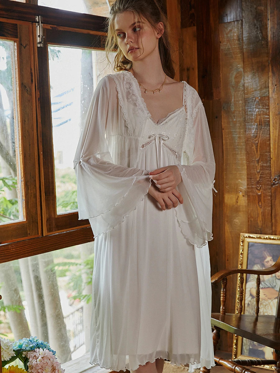 Slessic Romantic Vintage Sexy See-Through Cutout Mesh Lace Autumn Modal Advanced Nightwear Nightdress set