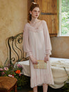 Elegant blush pink viscose nightdress with layered ruffle neckline and long sleeves