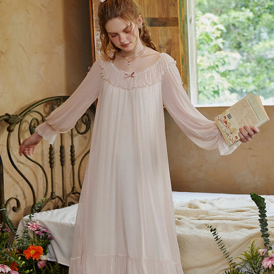 Slessic Vintage Romantic Autumn and Winter Palace Style Modal Mesh Ruffled Edge Bow Embroidered Long-Sleeved Nightwear Sleepwear Nightgown, Black / S Slessic Vintage Romantic Autumn and Winter Palace Style Modal Mesh Ruffled Edge Bow Embroidered Long-Sleeved Nightwear Sleepwear Nightgown, Black / S