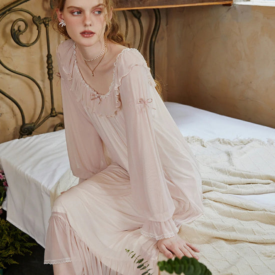 Slessic Vintage Romantic Autumn And Winter Palace Style Modal Mesh Ruffled Edge Bow Embroidered Long-Sleeved Nightwear Sleepwear Nightgown