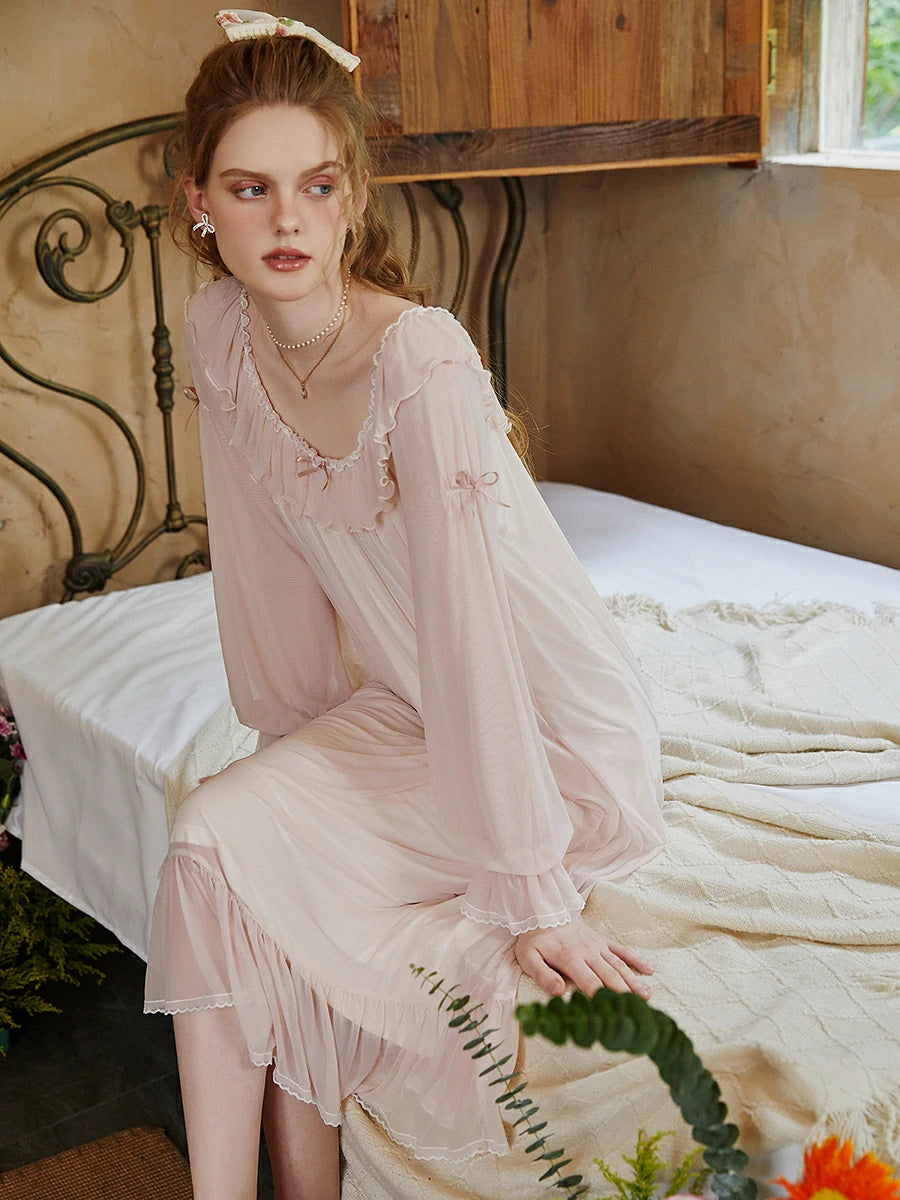 Slessic Vintage Romantic Autumn And Winter Palace Style Modal Mesh Ruffled Edge Bow Embroidered Long-Sleeved Nightwear Sleepwear Nightgown