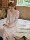 Elegant blush pink viscose nightdress with layered ruffle neckline and long sleeves-close up