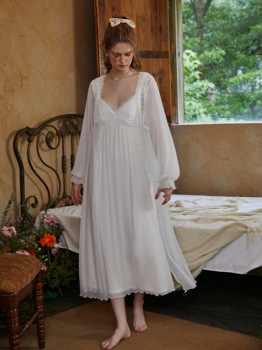 Slessic Romantic Vintage See-Through Mesh Lace Exquisite Embroidered Robe Double-Layer Slip Nightwear Nightgown Set