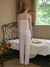 Slessic Romantic Cute Vintage Strawberry Polka Dot Printed Lace Modal Camisole Loungewear Robe Pajama Three-Piece Set