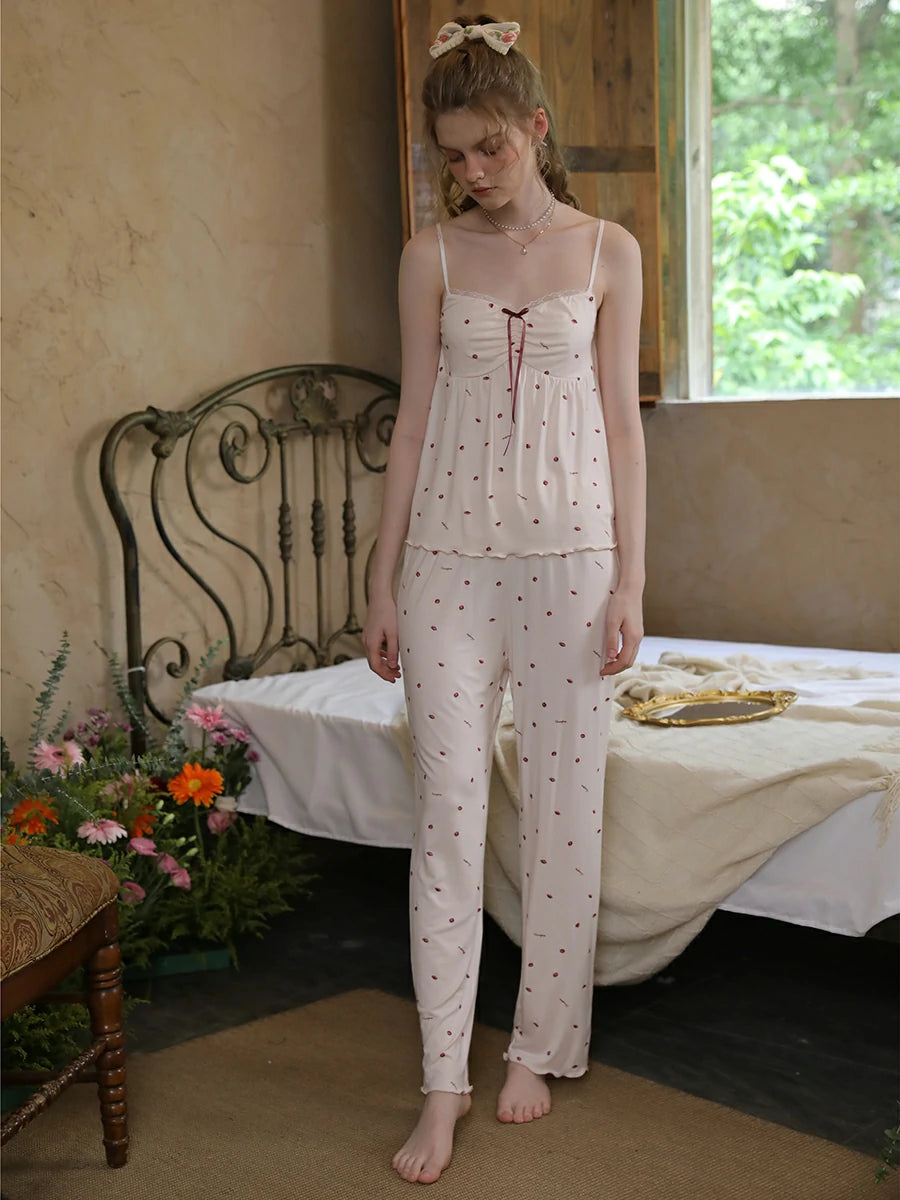 Slessic Romantic Cute Vintage Strawberry Polka Dot Printed Lace Modal Camisole Loungewear Robe Pajama Three-Piece Set