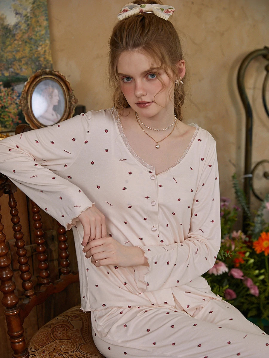 Slessic Romantic Cute Vintage Strawberry Polka Dot Printed Lace Modal Camisole Loungewear Robe Pajama Three-Piece Set