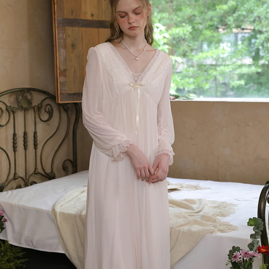 Slessic Vintage Romantic Palace Style Embroidered Lace Large V-Neck Bow Ribbon Comfortable Mesh Nightdress Nightwear Sleepwear