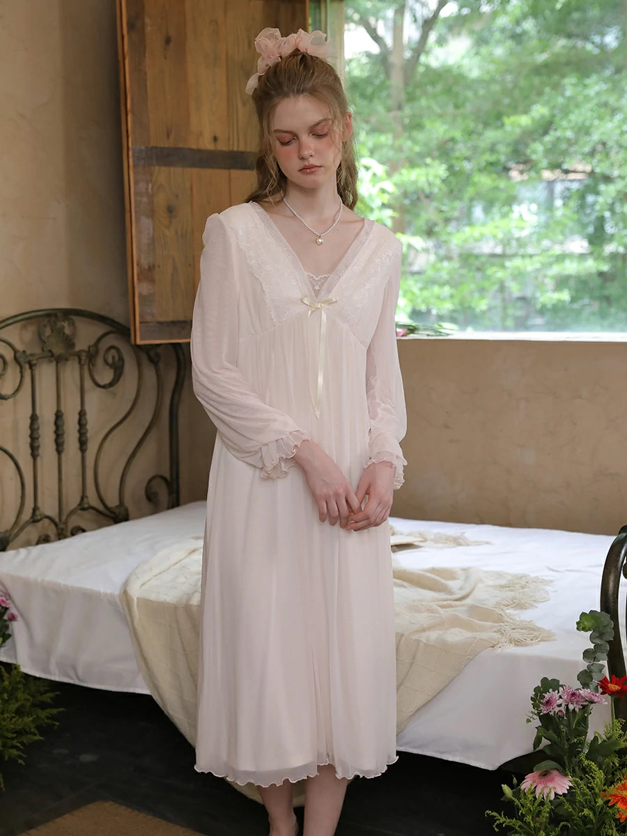 Slessic Vintage Romantic Palace Style Embroidered Lace Large V-Neck Bow Ribbon Comfortable Mesh Nightdress Nightwear Sleepwear