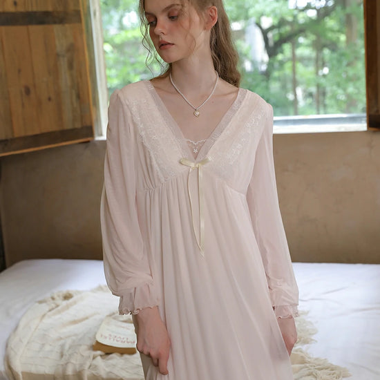 Slessic Vintage Romantic Palace Style Embroidered Lace Large V-Neck Bow Ribbon Comfortable Mesh Nightdress Nightwear Sleepwear