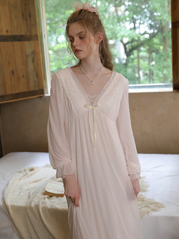 Slessic Vintage Romantic Palace Style Embroidered Lace Large V-Neck Bow Ribbon Comfortable Mesh Nightdress Nightwear Sleepwear