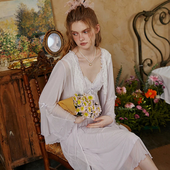 Slessic Romantic Vintage Sexy See-Through Cutout Mesh Lace Autumn Modal Advanced Nightwear Nightdress set