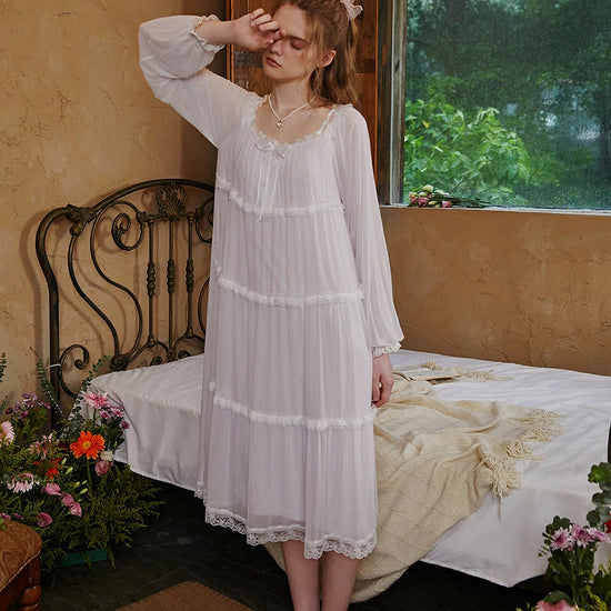 Slessic Vintage Palace Style Romantic Modal Lace Bow Multi-Layered Stitching Mesh Long-Sleeved Nightwear Nightgown