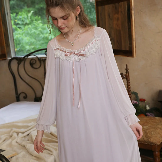 Slessic French Vintage Palace Style Ruffled Edge Mesh Lace Embroidered Bow Ribbon Comfortable Long-Sleeved Nightdress Nightwear Sleepwear