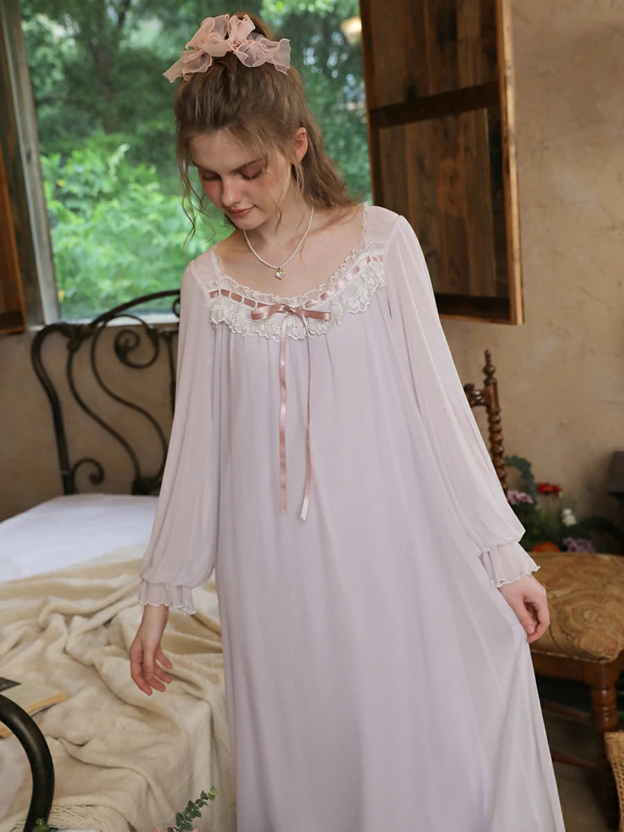 Slessic French Vintage Palace Style Ruffled Edge Mesh Lace Embroidered Bow Ribbon Comfortable Long-Sleeved Nightdress Nightwear Sleepwear