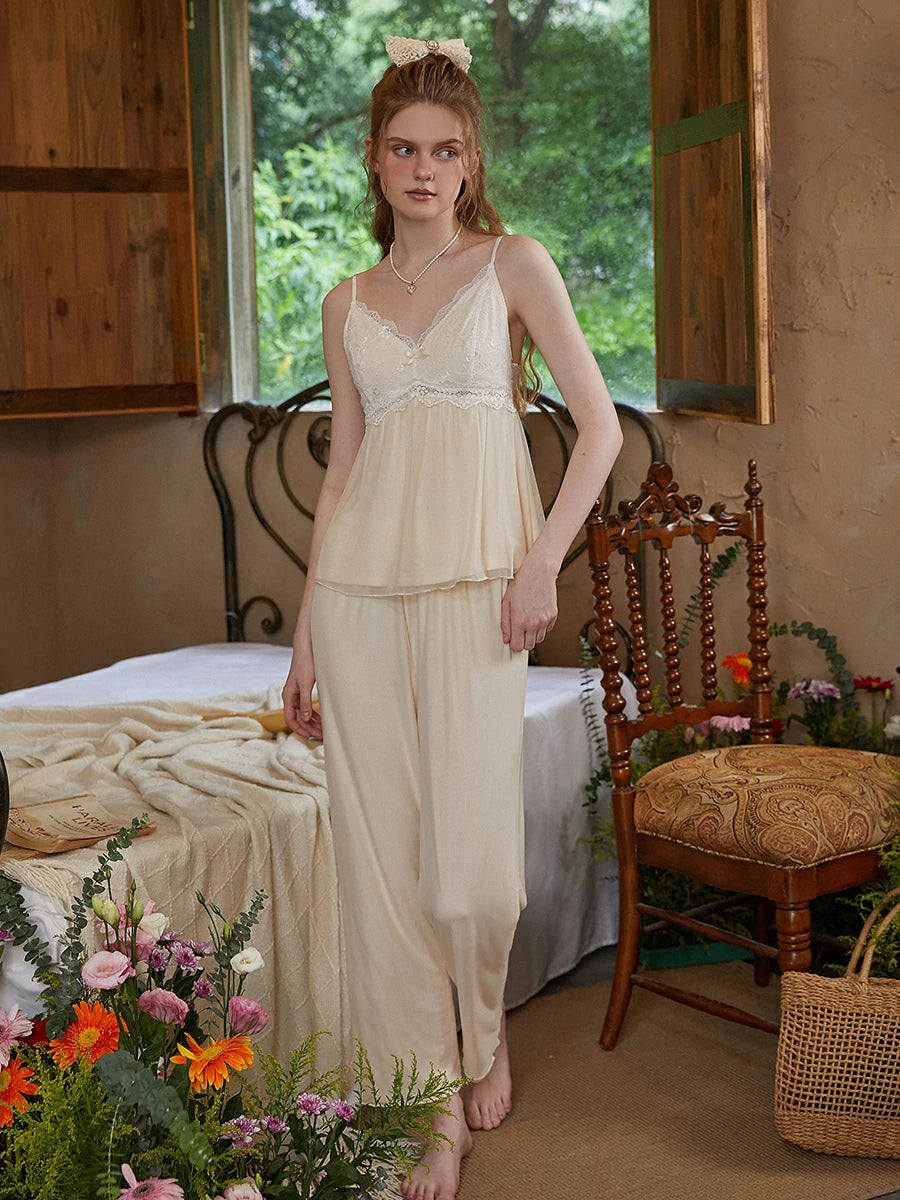 Slessic Vintage Romantic Autumn And Winter Palace Style Lace Mesh  Embroidered Modal Camisole Three-Piece Sleepwear