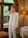 Slessic Romantic Cute Vintage Strawberry Polka Dot Printed Lace Modal Camisole Loungewear Robe Pajama Three-Piece Set