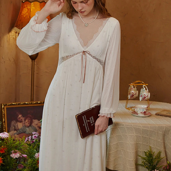 Slessic Sexy Romantic Vintage Palace Style Spring And Autumn Modal Mesh Cutout Lace Bow Long-Sleeved Nightwear Nightdress
