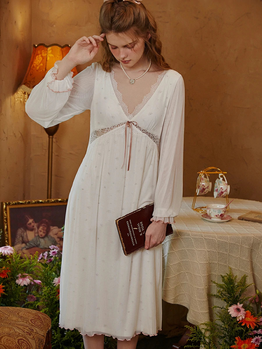 Slessic Sexy Romantic Vintage Palace Style Spring And Autumn Modal Mesh Cutout Lace Bow Long-Sleeved Nightwear Nightdress