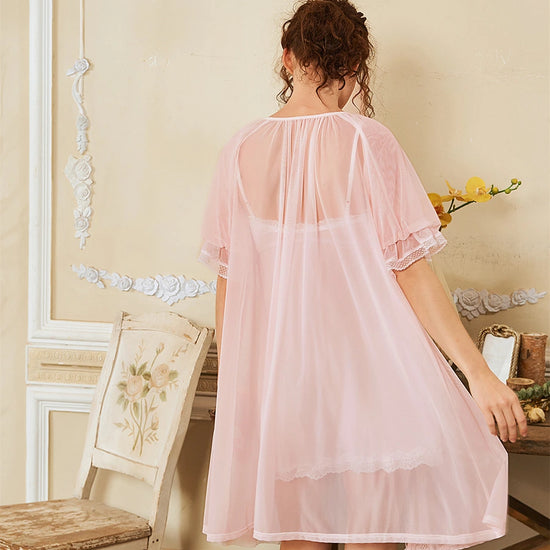 Pink Vintage Lace Sexy See-through Mesh Embroidered Romantic Sleepwear Robe Slip Nightdress Set