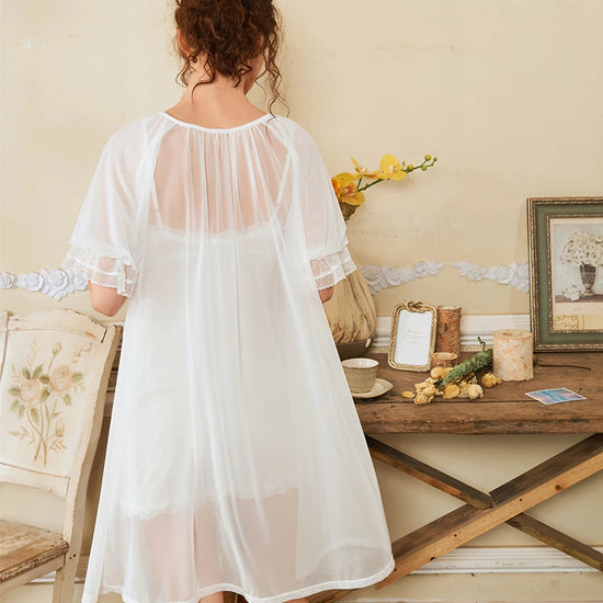 White Vintage Lace Sexy See-through Mesh Embroidered Romantic Sleepwear Robe Slip Nightdress Set