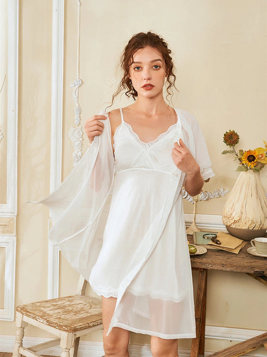 White Vintage Lace Sexy See-through Mesh Embroidered Romantic Sleepwear Robe Slip Nightdress Set