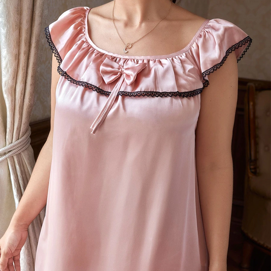 Pink Vintage Plus Size Romantic Bow Knot Embroidered Satin Nightwear Nightdress