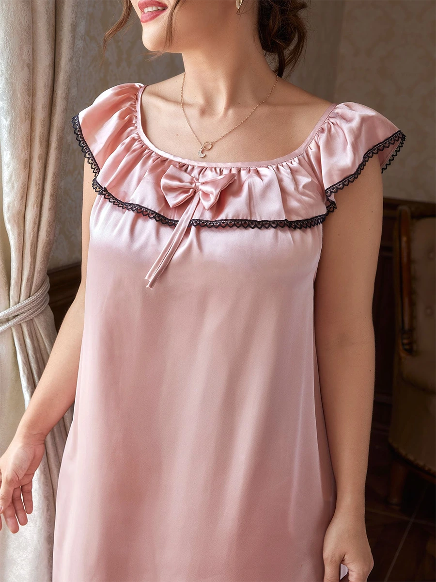Pink Vintage Plus Size Romantic Bow Knot Embroidered Satin Nightwear Nightdress
