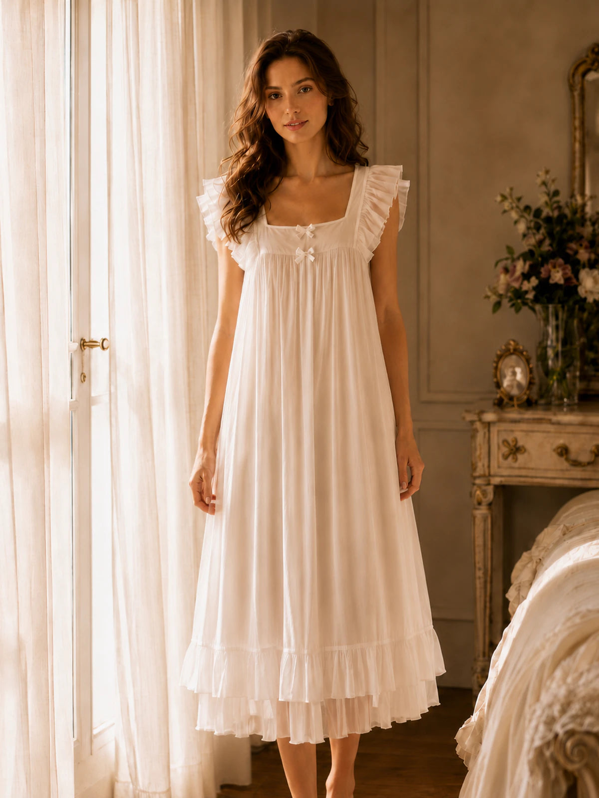 Close-up of SlesSic sleeveless sleep dress with feminine ruffle straps and bow detail