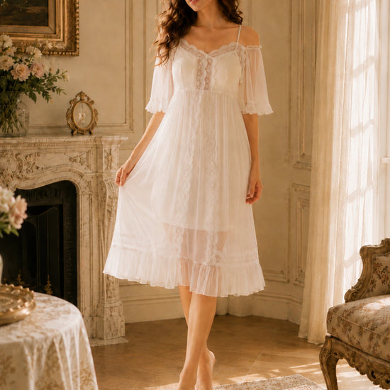 Feminine ivory mesh nightdress with flowing romantic silhouette