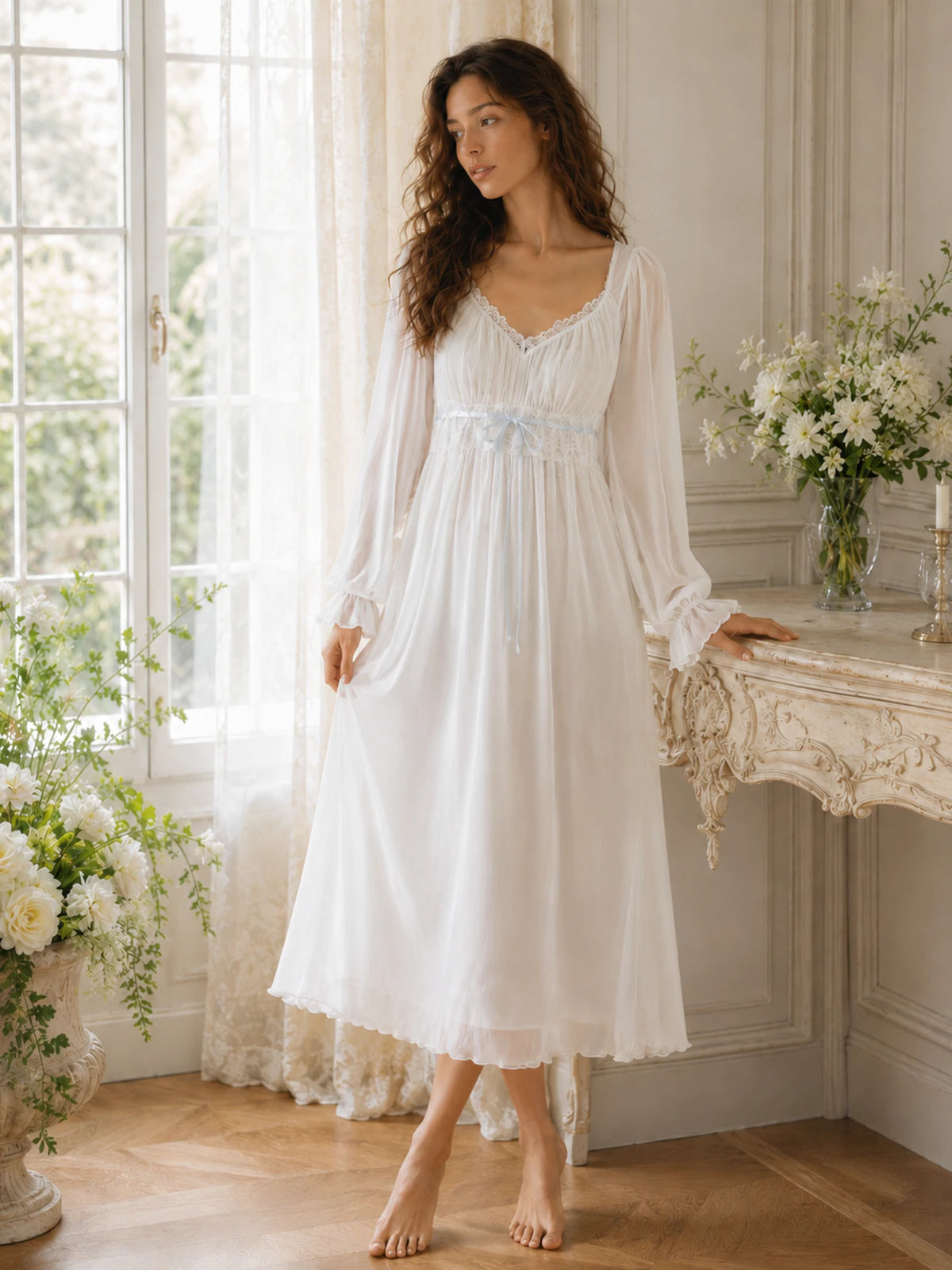 Elegant long sleeve pink nightgown for women