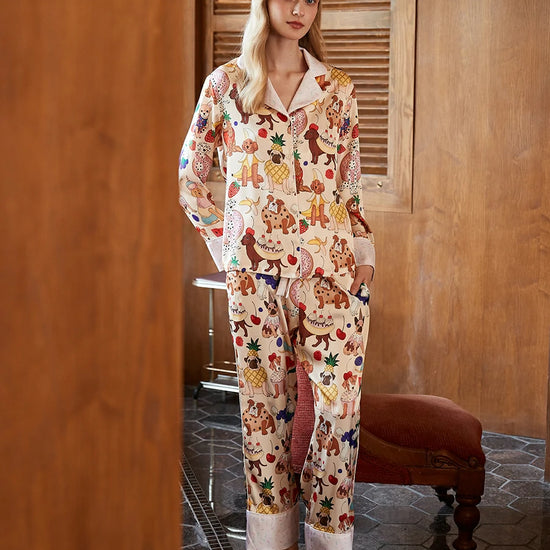 Luxury long sleeve sleepwear set with whimsical dog illustrations