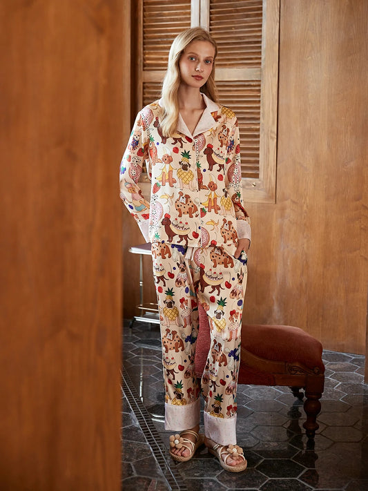 Slessic Women's Silk Satin Pajama Set Long Sleeve Button Down Top and Pants Whimsical Dog and Fruit Dessert Print Luxury 2-Piece Sleepwear Set