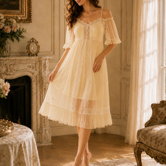 Romantic cream viscose sleep dress with layered mesh overlay