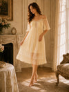 Romantic cream viscose sleep dress with layered mesh overlay