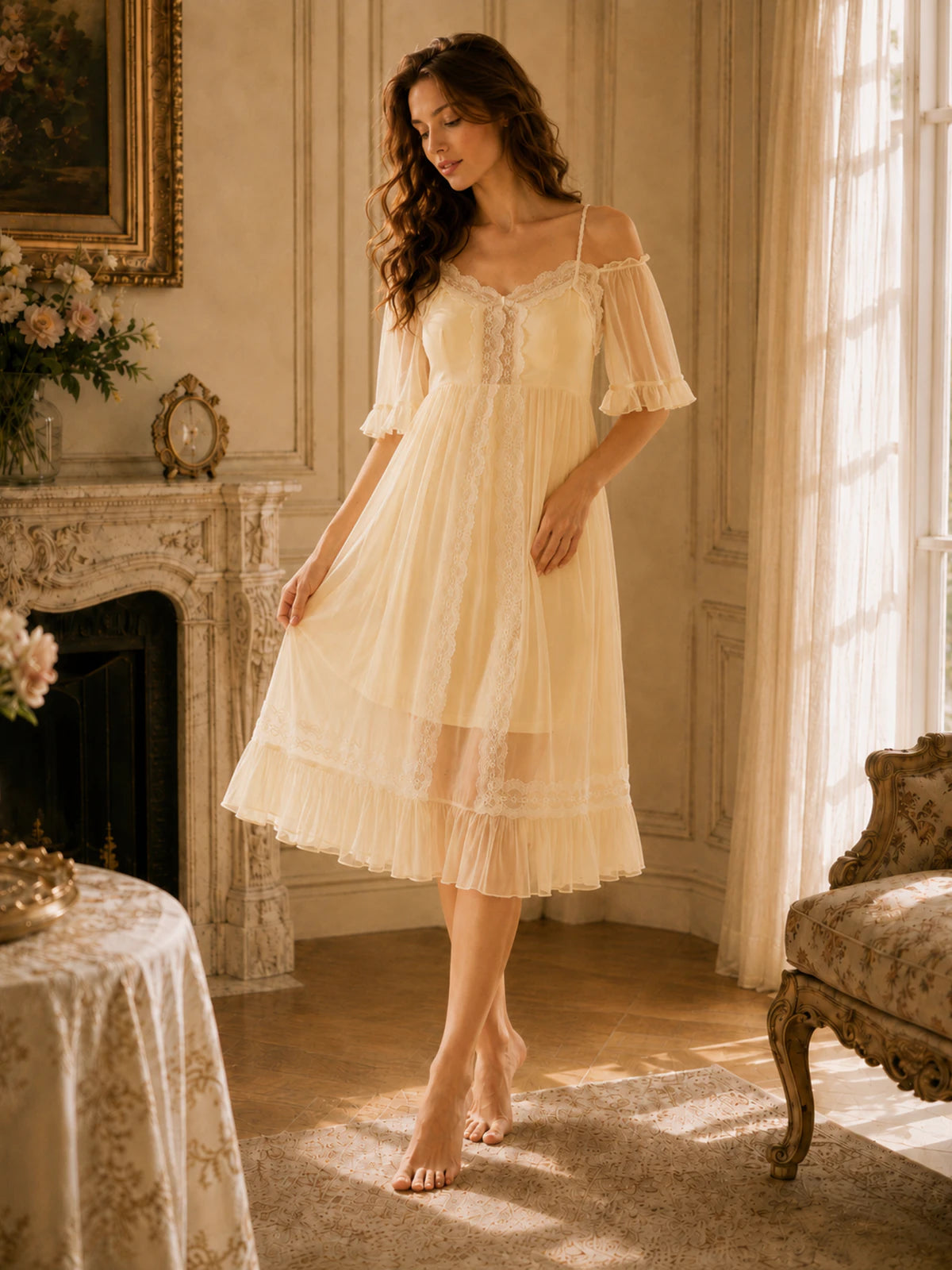 Romantic cream viscose sleep dress with layered mesh overlay