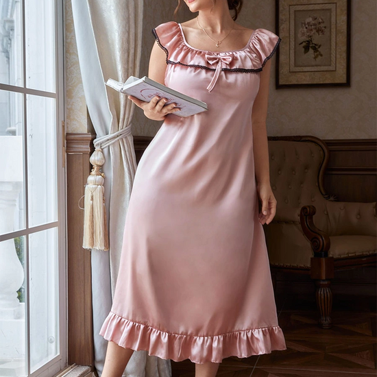 Pink Vintage Plus Size Romantic Bow Knot Embroidered Satin Nightwear Nightdress