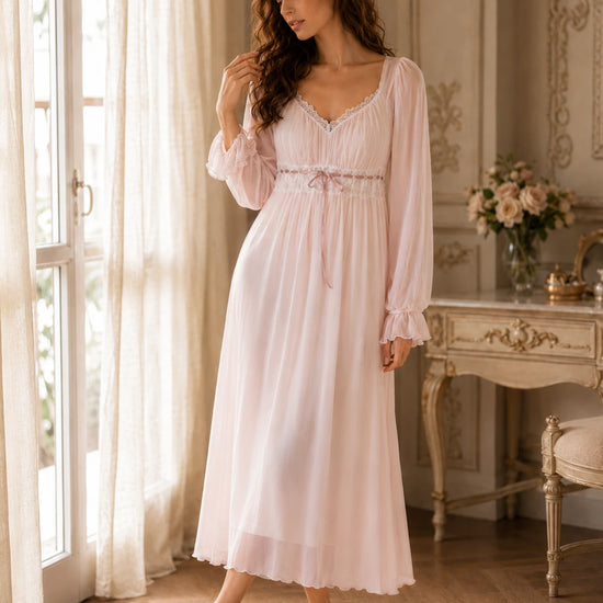 Vintage inspired long sleeve sleep dress with lace waist detail