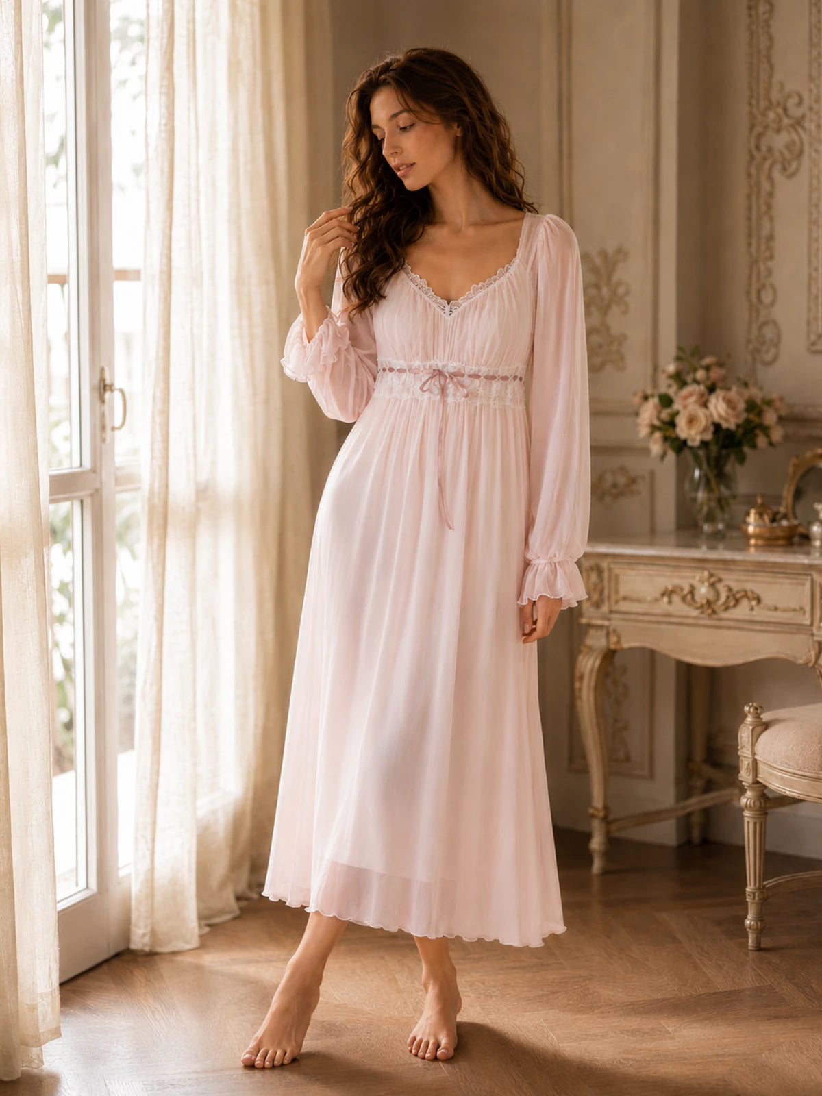 Vintage inspired long sleeve sleep dress with lace waist detail