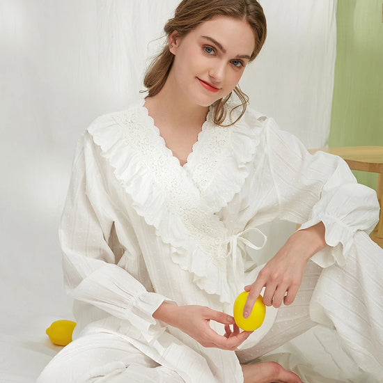 White Vintage Romantic Exquisite Cross Big Ruffled Edge Embroidered Bow Tie Striped Polka Dot Loungewear Pajama set