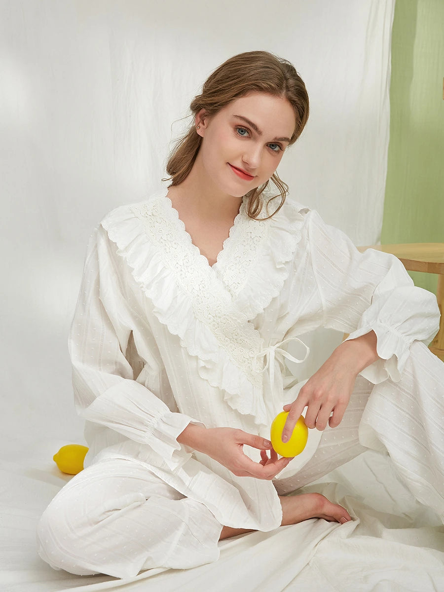 White Vintage Romantic Exquisite Cross Big Ruffled Edge Embroidered Bow Tie Striped Polka Dot Loungewear Pajama set